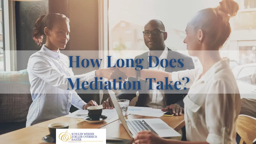 how long does mediation take text overlay with a background of a personal injury lawyer shaking the hand of a client and another lawyer in the room
